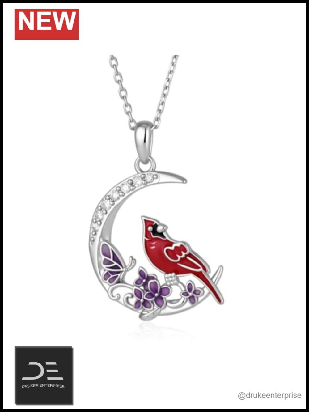 925 Sterling Silver Lab Grown Diamond Cardinal Moon Pendant Necklace